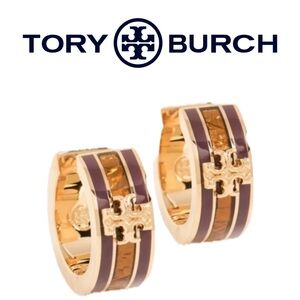 Tory Burch Kira Enamel Huggie Hoop Earrings in Tory Gold Burgundy Multi